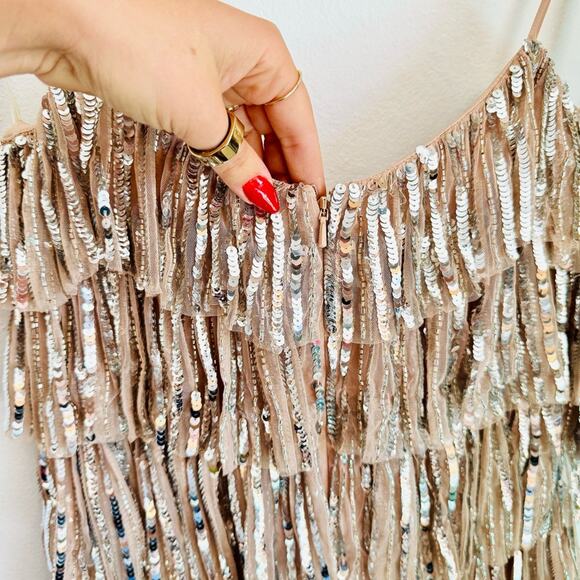 NEW MAC DUGGAL Silver Sequin Fringe Tiered Tank Ruffle Beige $698 Mini Dress 2 - Picture 11 of 13